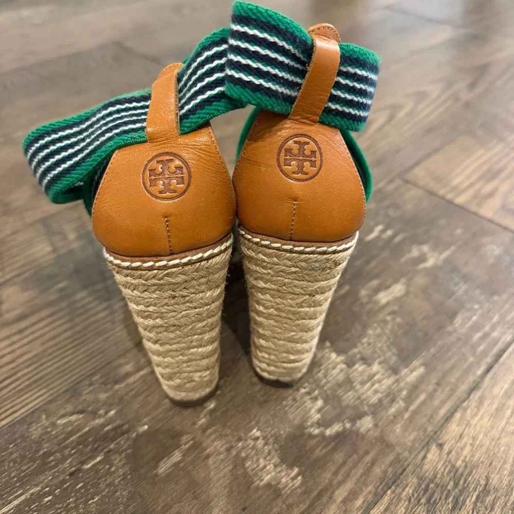 Tory Burch Frieda Women's Green/Blue Striped Espadrille Wedges‎ Size 7